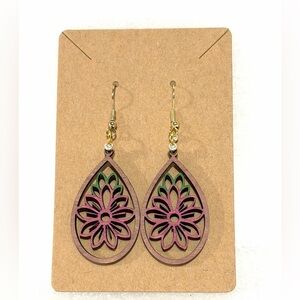 Floral Teardrop wood Earrings in Pink and Green. Handmade
